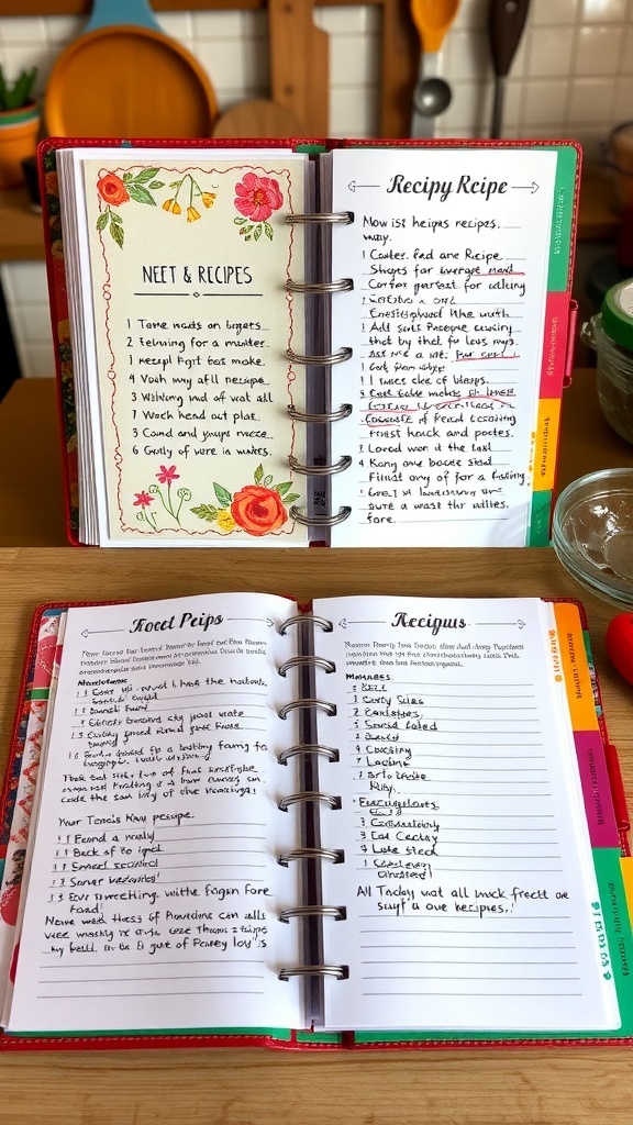 A colorful homemade recipe notebook with handwritten recipes and decorative dividers on a kitchen table.